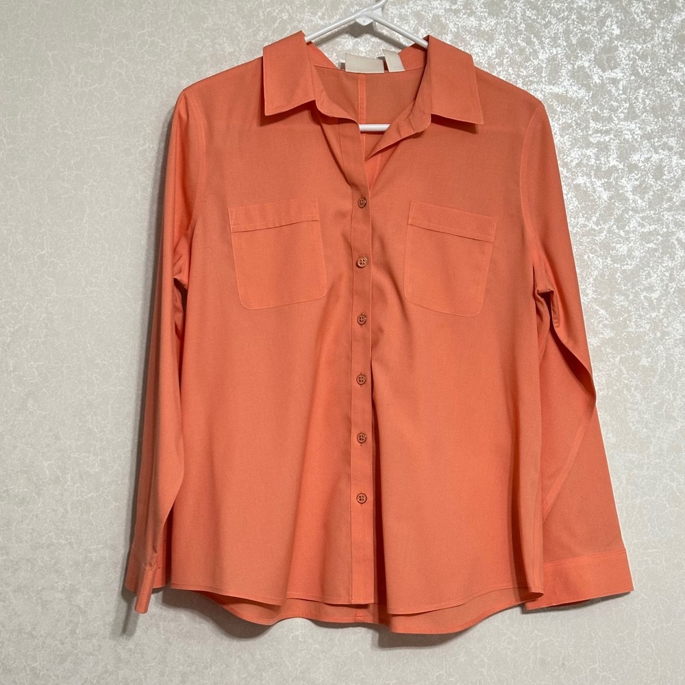 Chico's No-Iron Button Down Shirt Roll Tab Sleeve Blouse Coral Orange 1 Petite M
